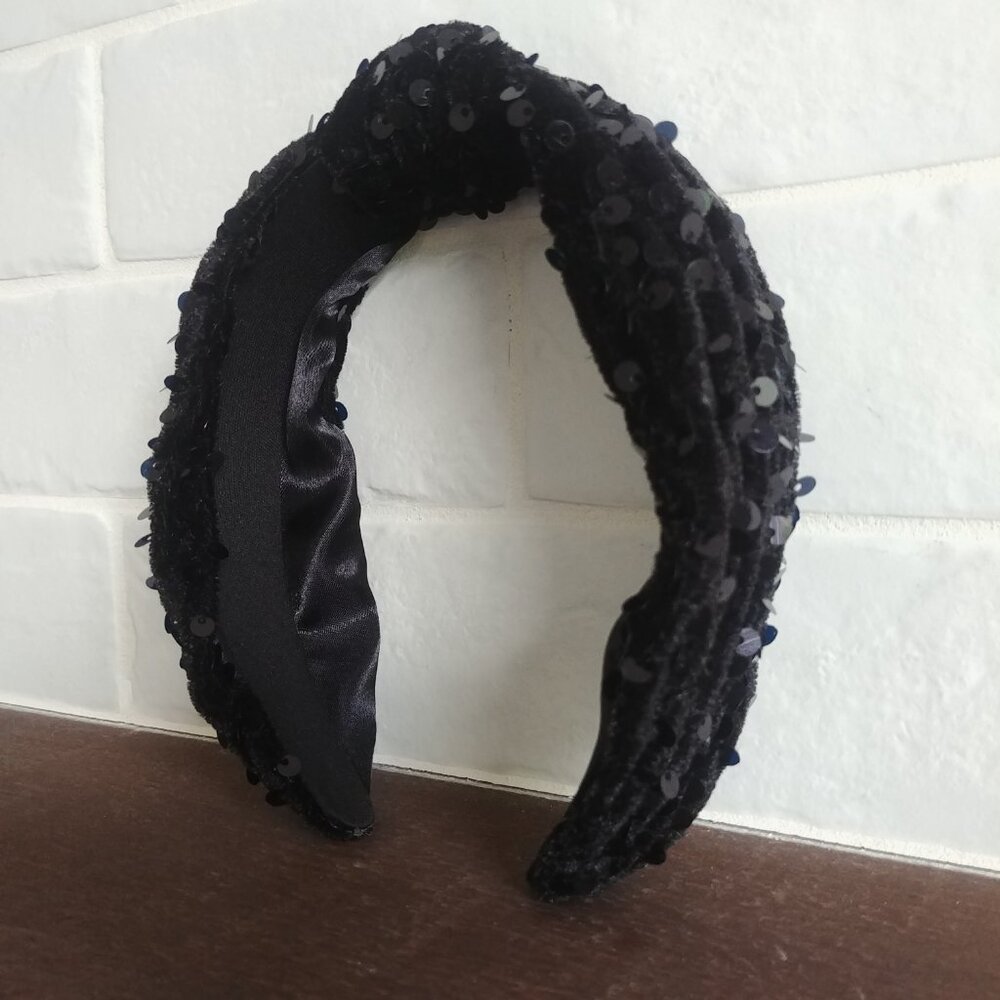 4/$20 Soft wide black velvet sequin headband hair band with knot
